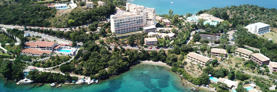 villas over looking nissaki resort and beach in corfu, greece