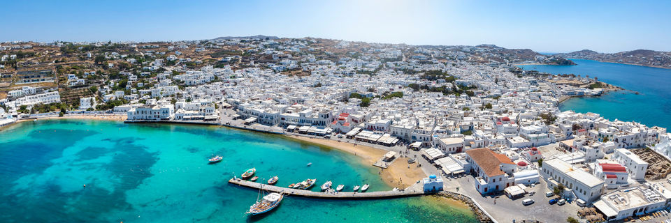 mykonos town harbour with fishing boats